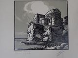 une photo d'un dessin représentant un château au bord de l'eau