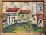 une image représentant un tableau d'un village avec un cheval au premier plan