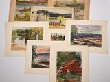 six watercolor paintings of a red cabin and a red house