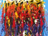 abstract painting of multicolored paint on a blue background