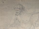a drawing of a man with a beard sitting on the ground