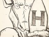 dessin représentant un homme à tête de taureau tenant une maison dans la main