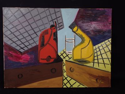 tableau représentant une valise rouge et un oiseau jaune posés sur une table
