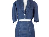 denim skirt suit on a mannequin base with a jacket