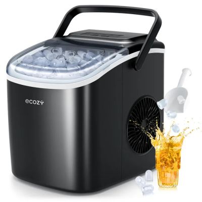 une machine à glaçons portable noire avec des glaçons et un verre rempli de glaçons