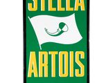 a green and white sign with a flag on it that says stella artois