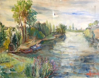 une peinture d'une rivière avec des bateaux