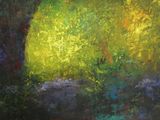 une peinture à l'huile représentant un arbre dans un espace verdoyant, baigné d'une lumière jaune