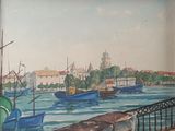 a painting of boats on the water in a harbor
