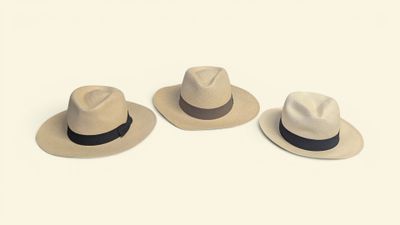 three hats sitting on top of each other on a white surface