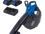 un ventilateur bleu et noir et deux batteries sur fond blanc