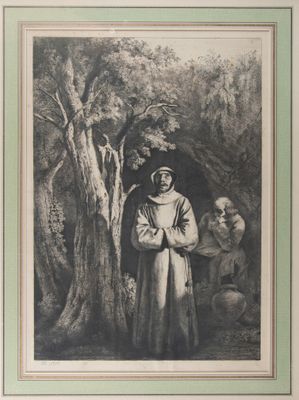 un vieux dessin en noir et blanc représentant un homme debout devant un arbre