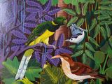 des oiseaux aux couleurs vives dans une peinture représentant une forêt tropicale accrochée au mur