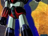 a robot that is standing in front of a yellow and blue background