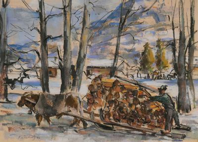 a painting of a man and a horse pulling a wagon full of logs