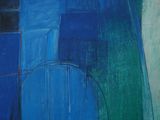 peinture abstraite représentant des formes bleues et vertes sur un fond bleu