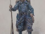 painting of a man in uniform holding a rifle and wearing a hat