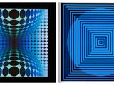 two framed pictures of blue and black squares on a white background