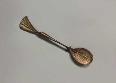 a close up of a brass spoon with a leaf on it