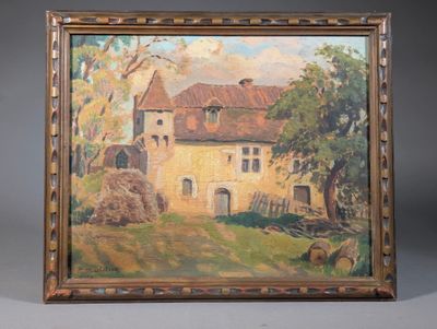 une peinture à l'huile représentant une maison dans un champ bordé d'arbres