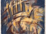 un tableau représentant un oiseau volant au-dessus d'un tableau jaune et bleu