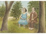 painting of a man and a woman sitting on a bench in a park