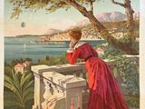 une vieille affiche représentant une femme en robe rouge qui contemple le lac