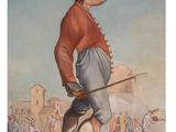 an old painting of a man with a feathered hat and a cane in his hand