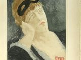 painting of a woman in a black dress with a black hat on her head