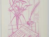 purple ink drawing of a vase of flowers on a table
