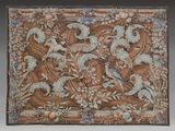 une image représentant une tapisserie avec des oiseaux et des fleurs sur fond marron