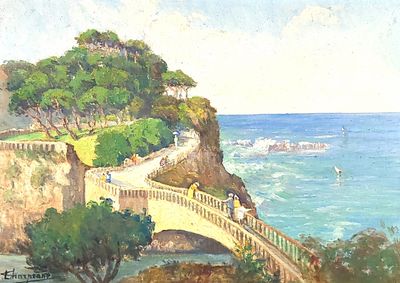 a painting of a bridge going over the water