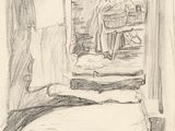 drawing of a bedroom with a bed and a window with a view of the street