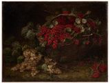 a painting of berries in a basket on a table