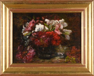 painting of flowers in a vase on a table with a gold frame