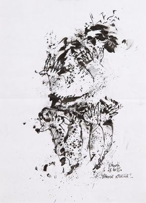 dessin à l'encre représentant un homme coiffé d'un chapeau et accompagné d'un chien
