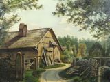 a painting of a barn and a road in the country