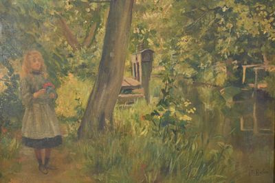 un tableau représentant une jeune fille debout dans les bois