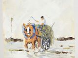 a painting of a man riding a horse drawn carriage
