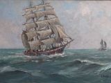 painting of a sailing ship in the ocean with other boats in the background