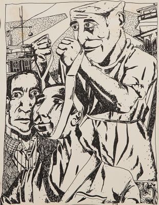 une image représentant un dessin d'un homme tenant un couteau à la main