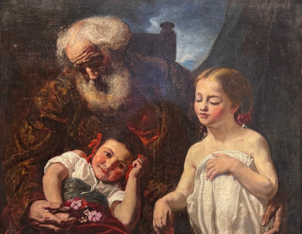 Jules Emmanuel Valadon - Grand père et ses petites filles - Huile sur toile signée