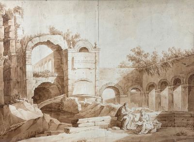 un vieux dessin représentant un homme et une femme assis dans une cour