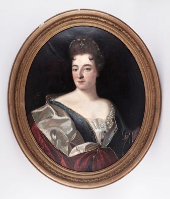 an oval portrait of a woman in a red dress with a tia