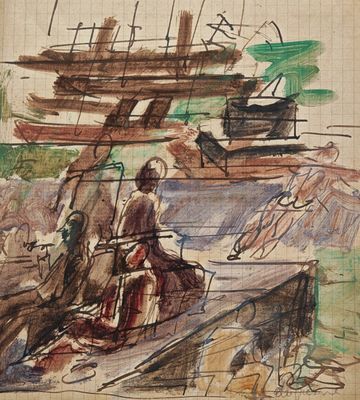 an image of a drawing of a man riding a horse on a beach