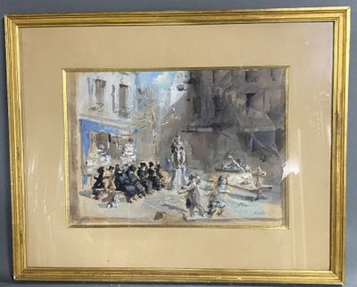 tableau représentant une scène de rue avec des personnages et un chien au premier plan