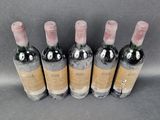 six bottles of wine are lined up in a row on a gray surface