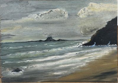 an oil painting of a beach scene with waves crashing on the shore