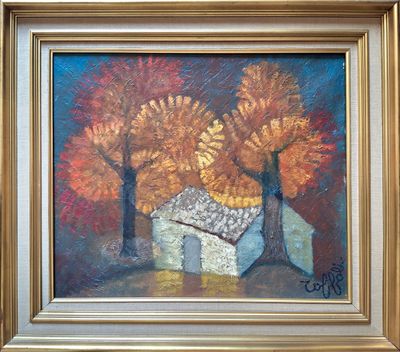 an oil painting of a house and trees in the fall