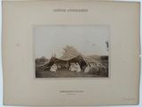 an old photo of a group of people sitting outside of a tent